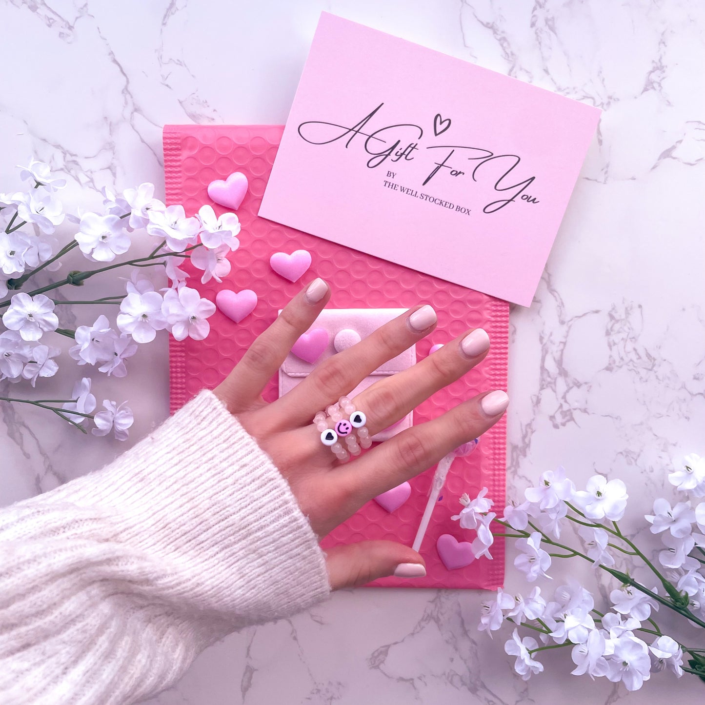 Smiley Rose Quartz Beaded Charm Ring