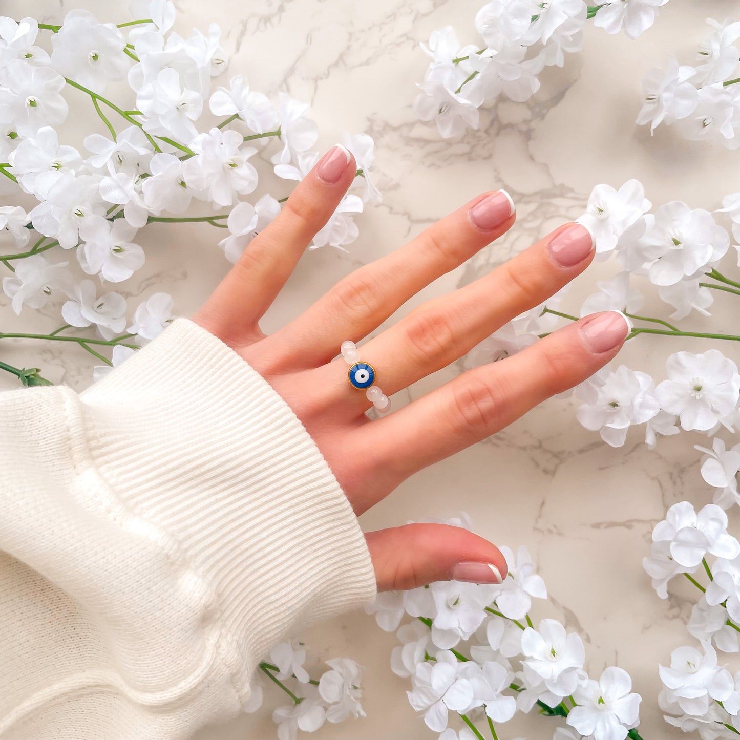 Evil Eye Snow Jade Beaded Fidget Ring
